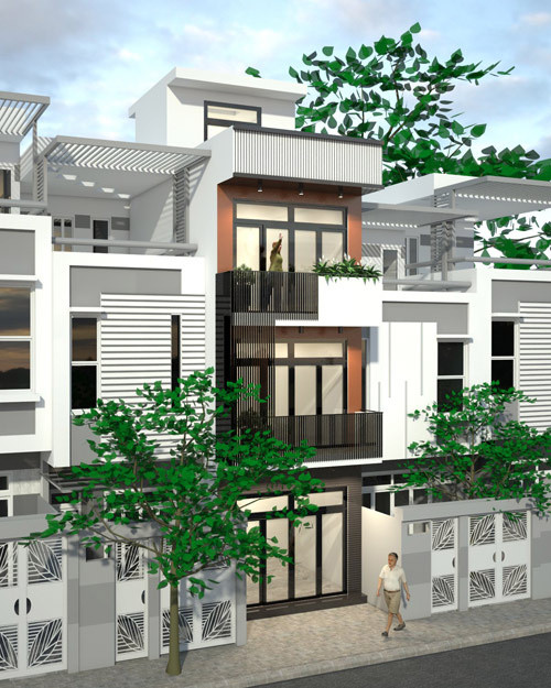 Trên khuôn viên 4x12m, ngôi nhà thiết kế 4 tầng, trong đó tầng 1 là khu sinh hoạt chung (phòng khách, bếp ăn), chỗ để xe. Phía sau nhà chừa một khoảng không làm giếng trời. Ảnh: Kiến Thiết Việt.