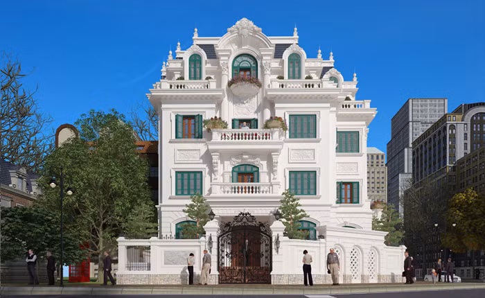 Mẫu biệt thự 4 tầng cổ điển với vạch chỉ chi tiết, sang trọng. Ảnh: Kientrucadong.