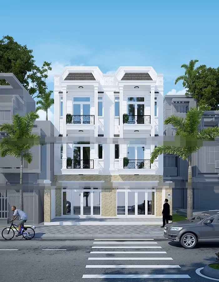 Mặt tiền hiện rõ nét vững chãi nhưng vẫn mềm mại nhờ những chi tiết cổ điển được lồng ghép hài hòa bên cạnh vẻ đẹp hiện đại. Ảnh: Namlongcons.