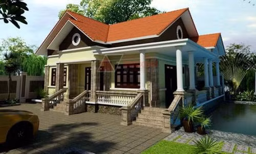 Thiết kế nhà mái thái 1 tầng gồm 3 phòng ngủ, 1 phòng khách, 1 phòng thờ, 1 bếp ăn và 2 phòng vệ sinh chung tiết kiệm chi phí xây dựng. Ảnh: Angcovat.