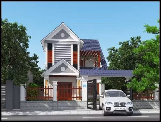 Ngôi nhà 2 tầng có sân trước rộng rãi ngày càng được đưa vào thiết kế xây dựng nhiều hơn. Toàn bộ cửa nhà thiết kế bằng gỗ xoan có tính chất bền vững hiện đại. Ảnh: Internet.