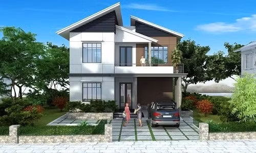 Nhà 2 tầng mái lệch ở nông thông đẹp mê lòng người. Ảnh: Internet.