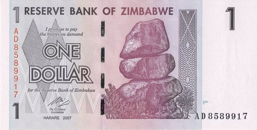 Đô la Zimbabwe có mệnh giá nhỏ nhất là 1 ZWD, lớn nhất là 100.000.000.000.000 ZWD (100.000 tỷ). Ảnh: Cheapest Dinar.