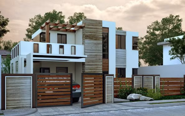 Căn nhà ấn tượng với tông màu ghi trắng kết hợp với cửa sổ, cửa đi bằng nhôm kính và các mảng tường sử dụng gạch ốp lát trang trí. Ảnh: Thietkethicongnhadep.