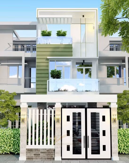 Màu sắc trẻ trung ngoài mặt tiền cho ngôi nhà nổi bật giữa phố. Ảnh: Vietnamarch.