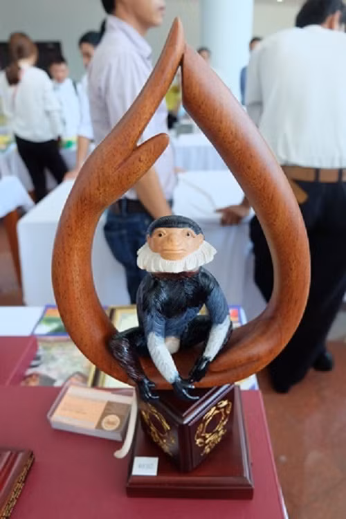 Chung tay với biểu tượng bàn tay nâng niu con Voọc chà vá chân nâu của tác giả Nguyễn Văn Ân, mang ý nghĩa hợp tác, bảo vệ, xây dựng để hướng đến tương lai tốt đẹp. Ảnh: Đà Nẵng.