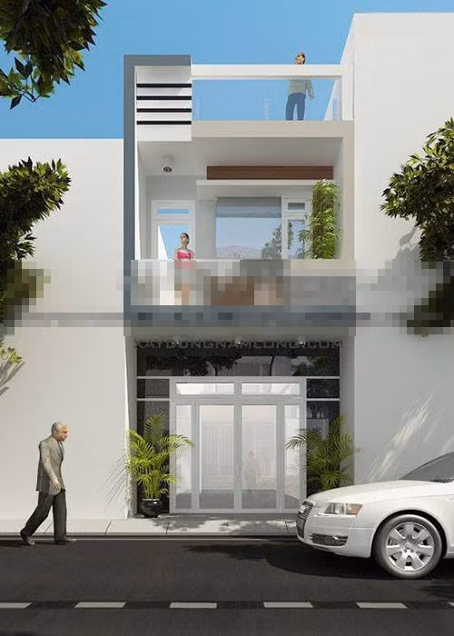 Nhà phố 1 trệt 1 lầu có sân thượng kiểu dáng hiện đại. Ảnh: Xaydungnhadepmoi.