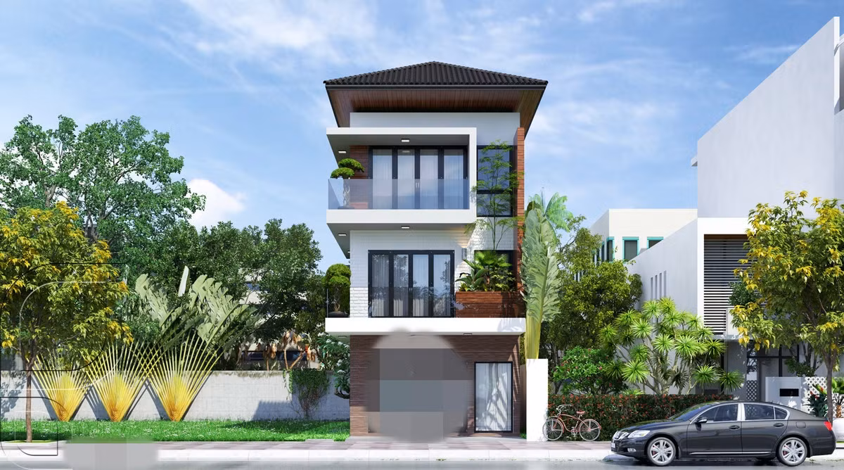 Nhà phố 3 tầng mái ngói có sự kết hợp giữa các khối hình học cơ bản và tam giác nhọn, tạo nét kiến trúc độc đáo. Ảnh: Neohouse.