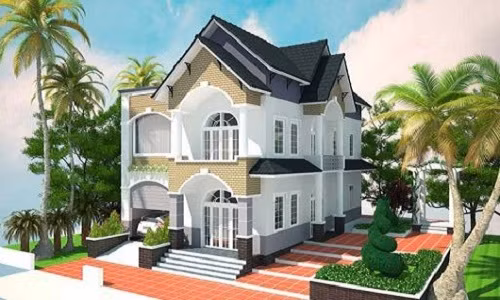 Mẫu nhà phố mái ngói nổi bật nhờ màu sơn hài hòa tự nhiên, sân rộng rãi có phòng để xe riêng biệt. Ảnh: Datbinhduong.