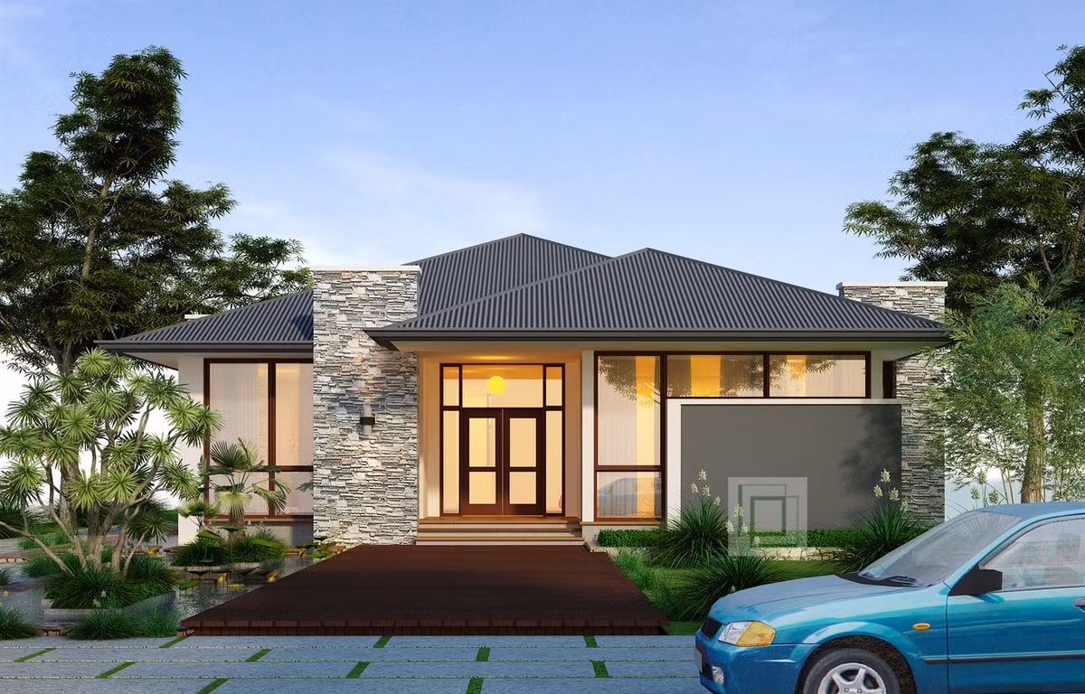 Phần mái tạo kiểu xếp lớp chữ chi giúp không gian ngôi biệt thự vườn 1 tầng trở nên cao và thoáng đãng hơn. Ảnh: Kientrucle.