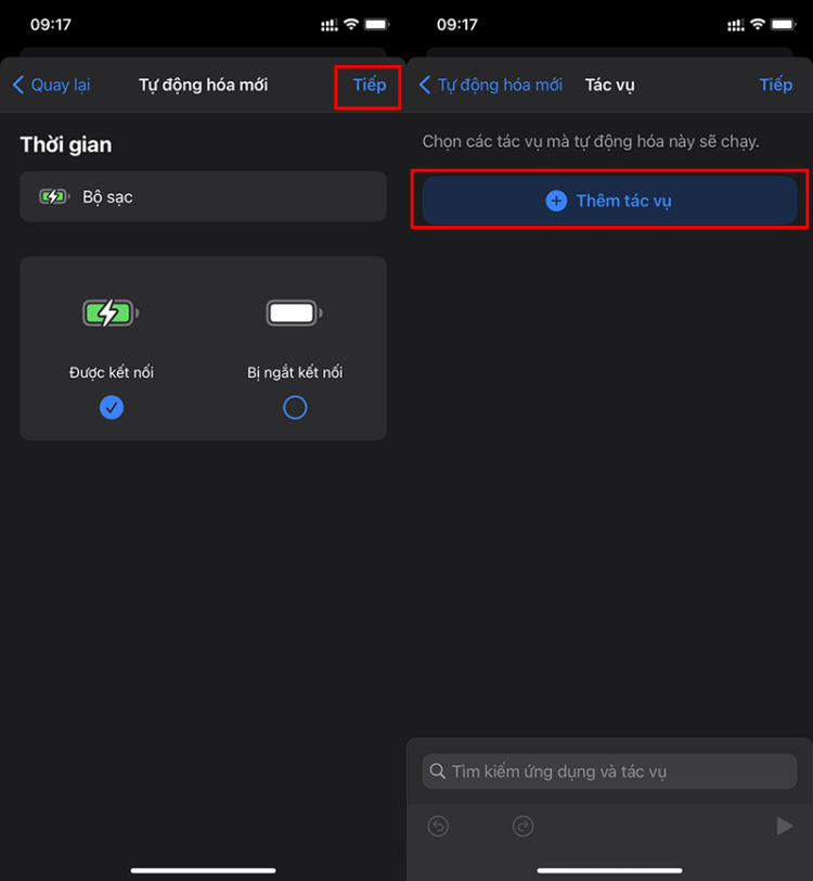 Bước 2: Trong giao diện mục Tự động hóa Bộ sạc &gt; Nhấn Tiếp để tiến hành cài đặt &gt; Chọn Thêm Tác vụ.