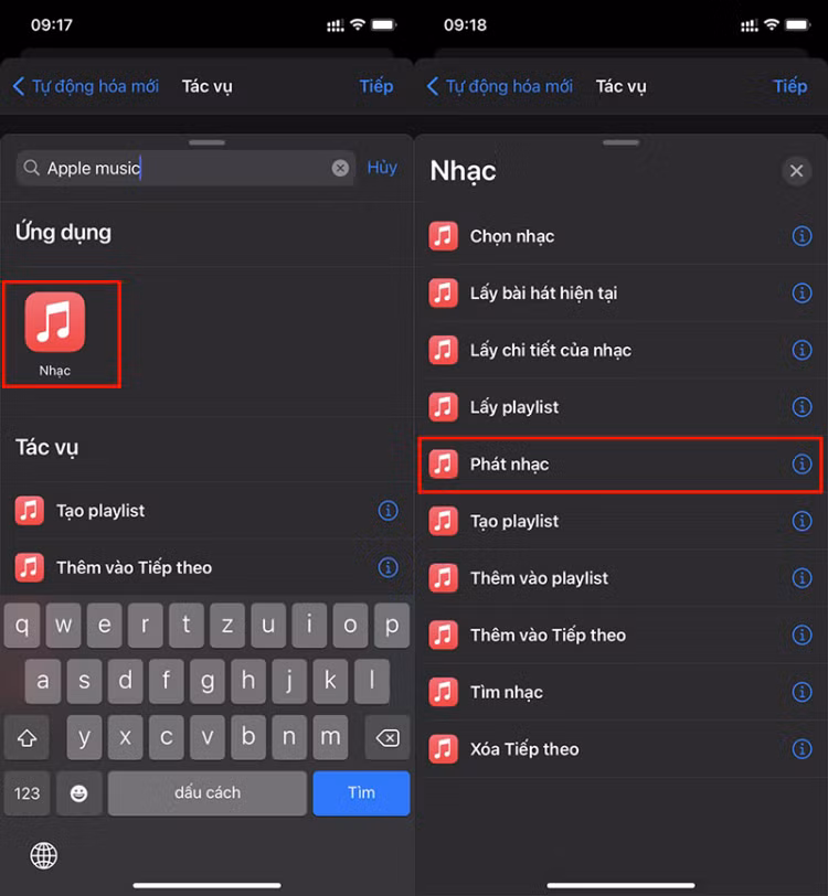 Bước 3: Tại danh mục Tác vụ trong điện thoại, tìm kiếm Apple Music (Nhạc). Trong tác vụ Nhạc, nhấn chọn Phát nhạc.