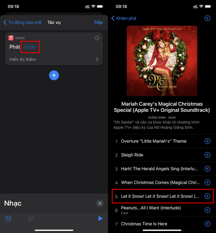 Bước 4: Ở tab tác vụ Phát nhạc &gt; nhấn chọn “Nhạc“. Tại đây, bạn hãy chọn 1 bài hát hoặc 1 âm thanh mà bạn yêu thích. Ở đây, mình chọn bài hát “Let it snow”. Nhấn dấu + bên cạnh bài hát để thêm nhạc.