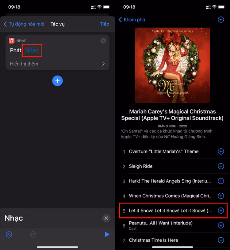 Bước 4: Ở tab tác vụ Phát nhạc > nhấn chọn “Nhạc“. Tại đây, bạn hãy chọn 1 bài hát hoặc 1 âm thanh mà bạn yêu thích. Ở đây, mình chọn bài hát “Let it snow”. Nhấn dấu + bên cạnh bài hát để thêm nhạc.