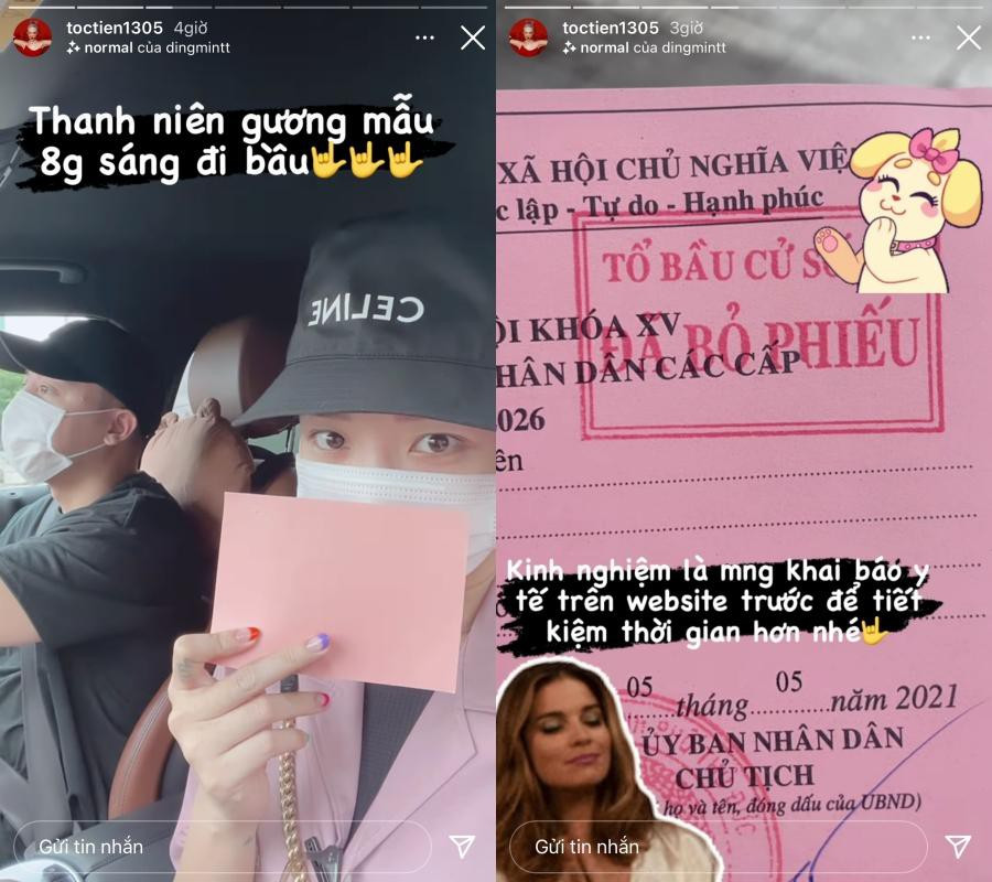 Vợ chồng Tóc Tiên - Hoàng Touliver khuyên mọi người nên tự khai báo y tế ở nhà trước để tiết kiệm thời gian của bản thân và những người xung quanh khi đến cụm bầu cử.