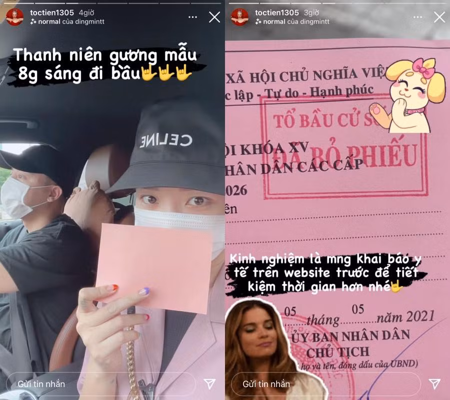 Vợ chồng Tóc Tiên - Hoàng Touliver khuyên mọi người nên tự khai báo y tế ở nhà trước để tiết kiệm thời gian của bản thân và những người xung quanh khi đến cụm bầu cử.