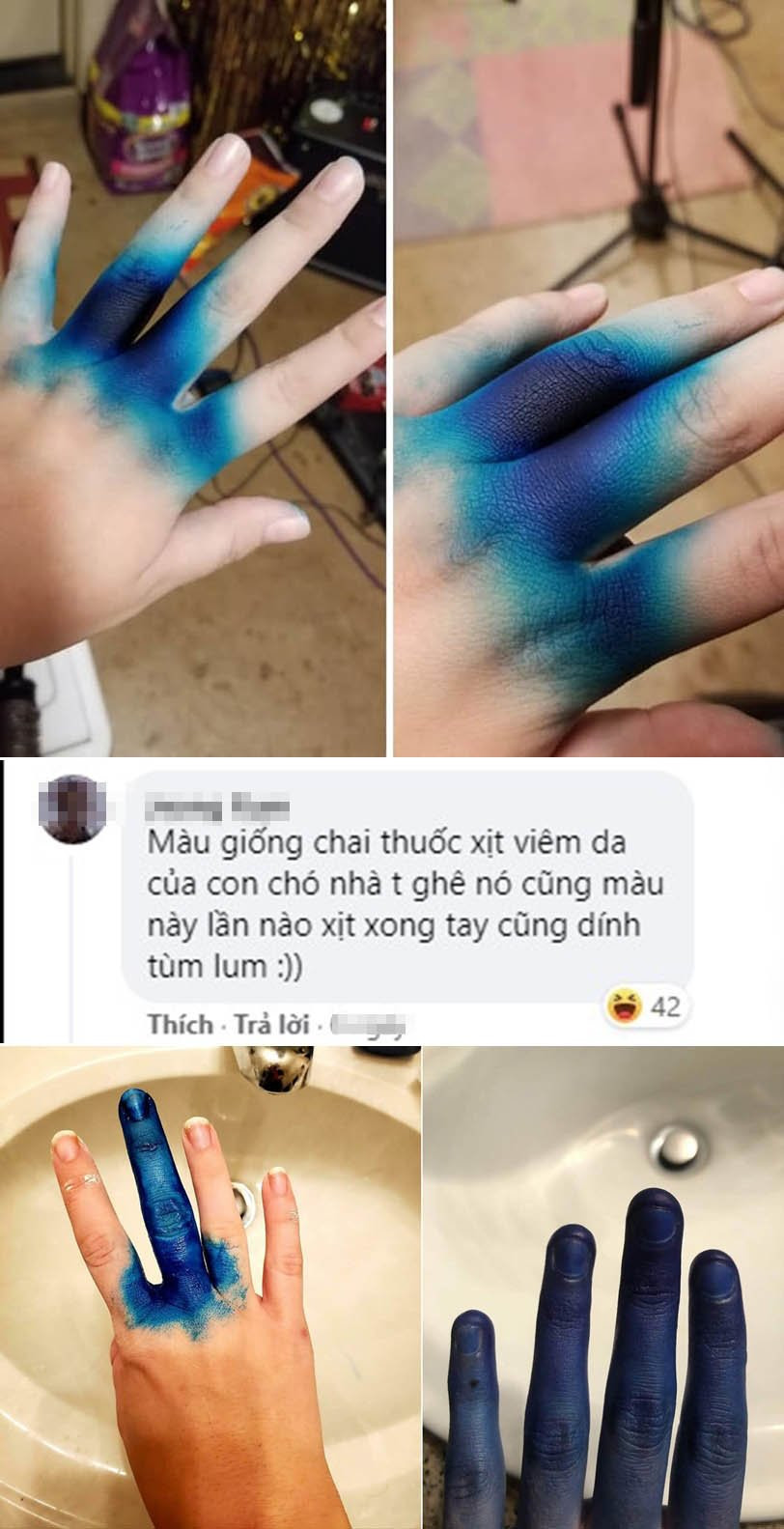 Là nhuộm tóc bị dây ra tay và khó rửa sạch thôi mà ai nỡ lòng nào đi ví thuốc nhuộm với "thuốc xịt viêm da của chó"...
