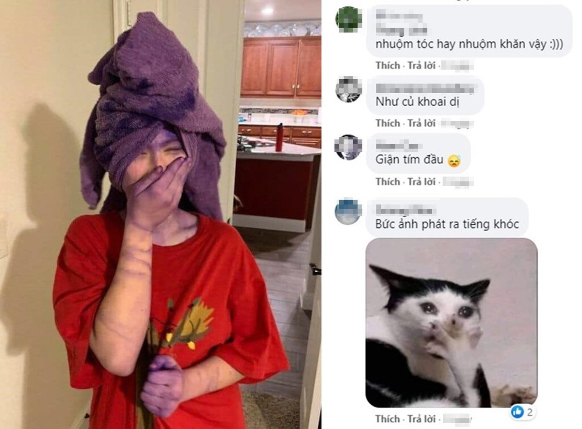 Bài đăng nhận về hơn 4000 lượt reaction cùng hàng nghìn bình luận, hàng trăm lượt chia sẻ. Chưa bấm vào từng tấm hình để xem chi tiết, nhưng ai nấy đều thấy "mùi" drama ngập tràn căn phòng của hội Eva. Đây là 1 bức ảnh "phát ra tiếng khóc". Cô nàng áo đỏ hí hửng tự nhuộm tóc ở nhà nhưng không biết là đang "nhuộm tóc hay nhuộm khăn" nữa...