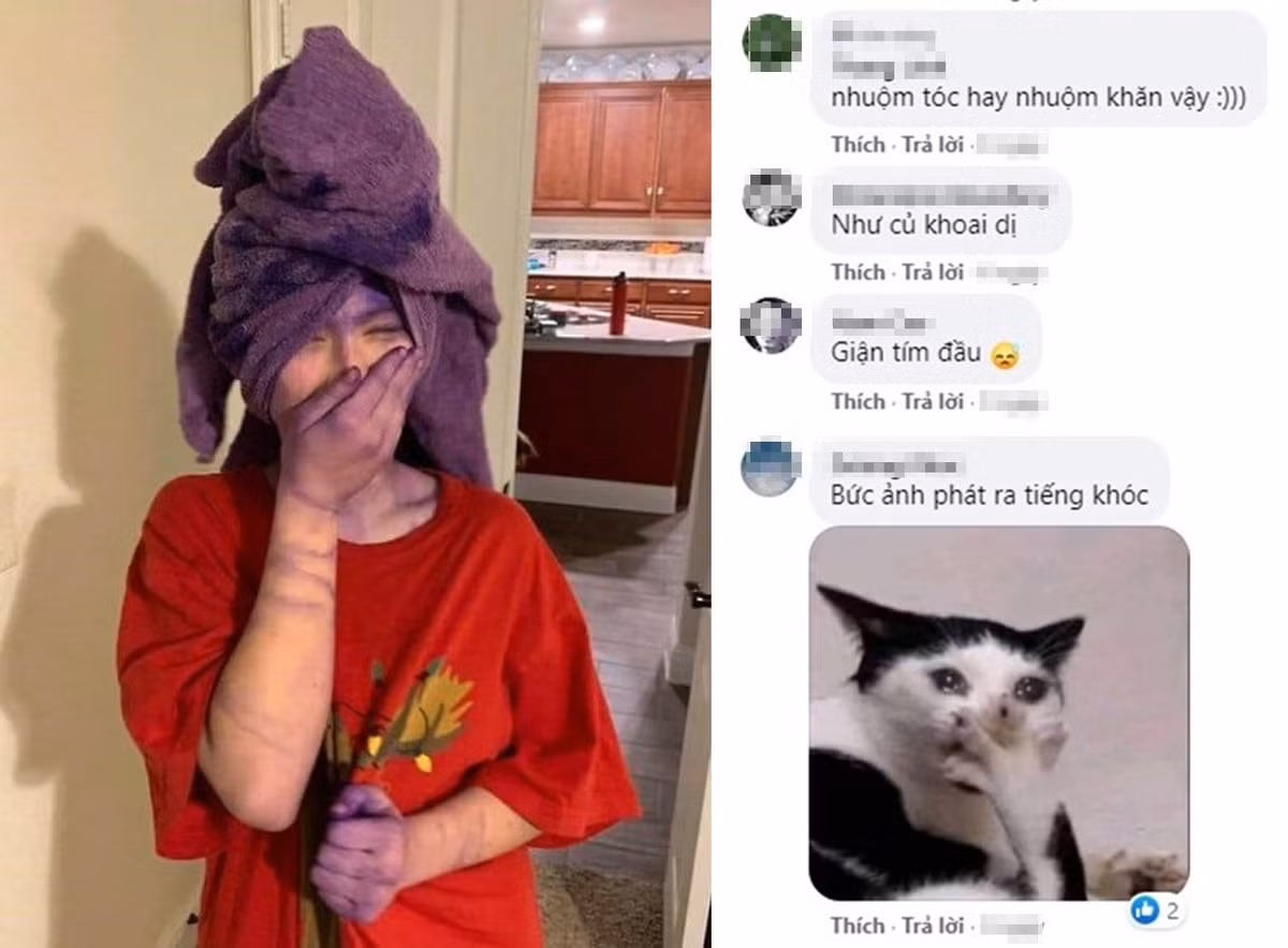 Bài đăng nhận về hơn 4000 lượt reaction cùng hàng nghìn bình luận, hàng trăm lượt chia sẻ. Chưa bấm vào từng tấm hình để xem chi tiết, nhưng ai nấy đều thấy "mùi" drama ngập tràn căn phòng của hội Eva. Đây là 1 bức ảnh "phát ra tiếng khóc". Cô nàng áo đỏ hí hửng tự nhuộm tóc ở nhà nhưng không biết là đang "nhuộm tóc hay nhuộm khăn" nữa...