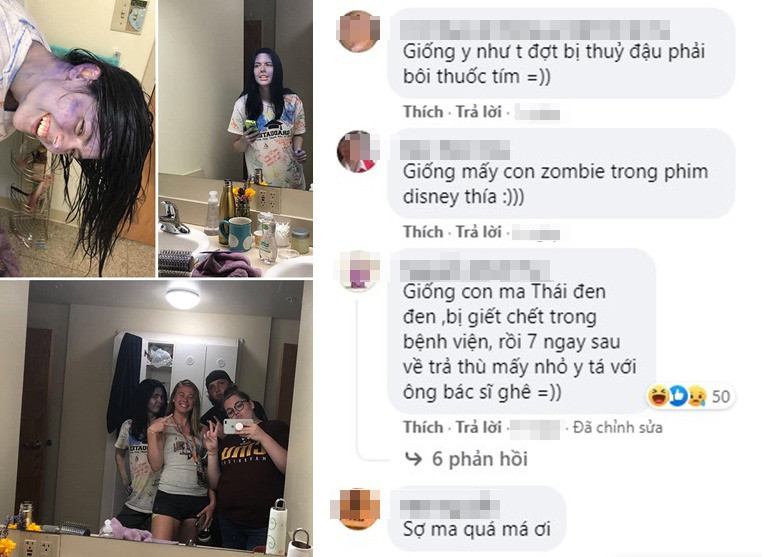 Thanh niên này tuy bị dây thuốc nhuộm khắp mặt mũi, quần áo nhưng lại giữ 1 tinh thần tích cực với nụ cười trên môi. Là vậy mà sao dân mạng lại ví von thành những nhân vật trong phim kinh dị của Thái Lan và tất nhiên là cả màu thuốc tím của mùa thủy đậu.