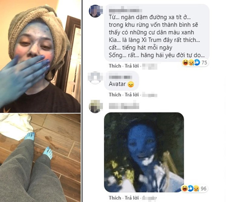 Đồng cảnh ngộ với cô nàng "củ khoai tím" bên trên, cô nàng này lại thích màu xanh hi vọng nhưng chẳng may lại chọn nhầm mà biến mình thành nhân vật tựa trong phim Avatar. 1 tài khoản mạng còn tức khẩu thành văn, mô tả về ngôi làng Xì Trum màu xanh.