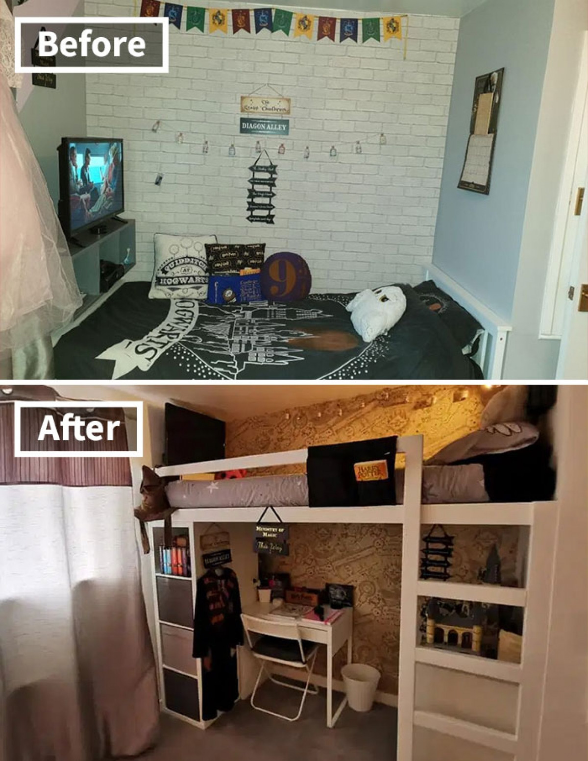 Bà mẹ đã tìm hiểu sở thích của từng cô con gái nhỏ để tạo ra một phòng ngủ nhiều chủ đề, màu sắc và tạo thành những khoảng không gian riêng tư cho các con.