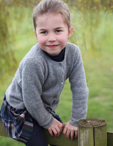 Công chúa Charlotte ngồi trên hàng rào và hướng mắt về phía ống kính tại Norfolk hồi tháng 4/2019. Ảnh: Daily Mail.