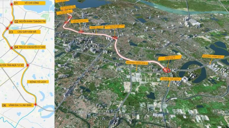 Công trình có chiều dài 11,65 km, đường kính hầm rộng 16,8 m, chạy dọc theo hữu ngạn sông Tô Lịch từ đầu đường Nguyễn Đình Hoàn, Quan Hoa, Nguyễn Khang... và kết thúc ở đoạn đường Kim Giang giao với Vành đai 3. Hình ảnh toàn tuyến cao tốc ngầm dọc Công viên Tô Lịch.