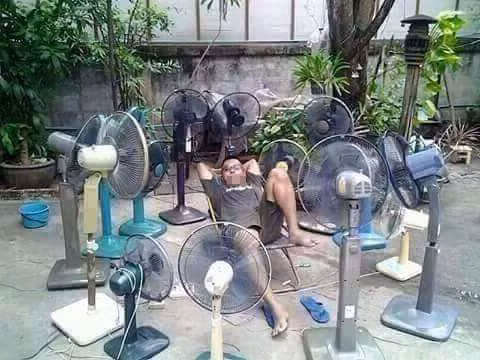 Hình ảnh mang tính hài hước, người đàn ông trong ảnh cho rằng nhiều quạt chắc chắn sẽ mát. Có ít nhất 14 chiếc quạt điện được mang ra tận dụng để chống lại cái nóng của mùa hè. Ảnh: Hà Linh.