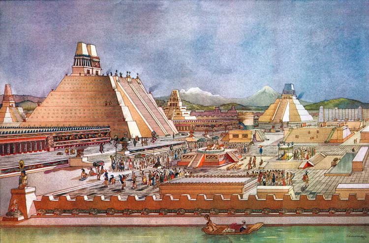 Toàn bộ các tòa nhà, đường xá, nhà cửa, đền thờ... ở Tenochtitlan có màu trắng do người dân Aztec sử dụng vôi làm vật liệu xây dựng.