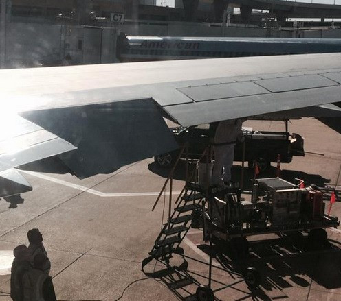 Các chuyên gia côn trùng (mặc áo trắng bảo hộ) đang đuổi ong trong cánh máy bay.