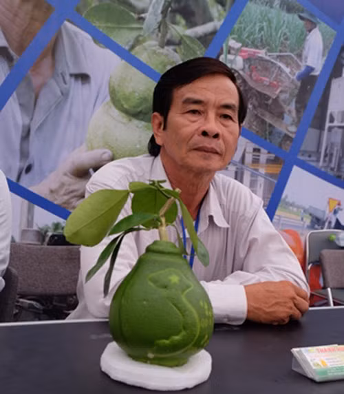 Ông Thành bên sản phẩm bưởi in hình bản đồ Việt nam.
