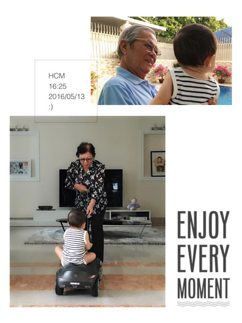 Thu Minh chia sẻ hình ảnh con trai quấn quýt ngồi chơi với ông bà ngoại