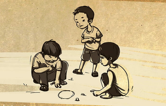 Bắn bi: Đây là một trò chơi được các bé trai đặc biệt yêu thích. Chỉ cần vẽ một vòng tròn nhỏ ở giữa chỗ nào đó gọi là lỗ. Cách lỗ đó một đoạn vừa đủ xa thì kẻ thêm một vạch ngang làm điểm bắt đầu. Mỗi người chơi đều phải góp một số lượng bi bằng nhau, sau đó bắn vào lỗ đã vẽ. Cuối cùng, cả bọn đếm ai được nhiều bi nhất sẽ thắng.