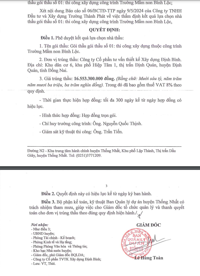 Đồng Nai: Gói thầu xây dựng Trường MN Bình Lộc về tay Cty Định Bình Dong Nai: Goi thau xay dung Truong MN Binh Loc ve tay Cty Dinh Binh