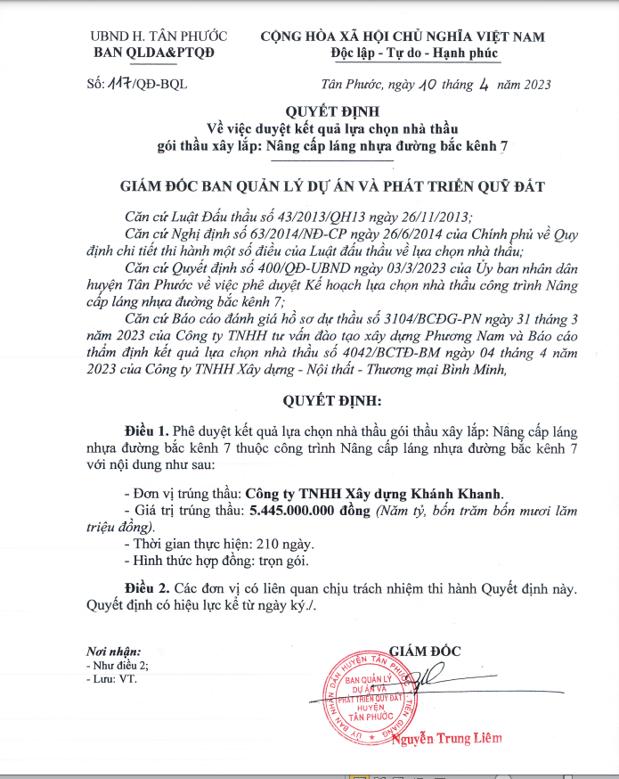 Tien Giang: 4 goi thau lam duong o Tan Phuoc ve tay Khanh Khanh