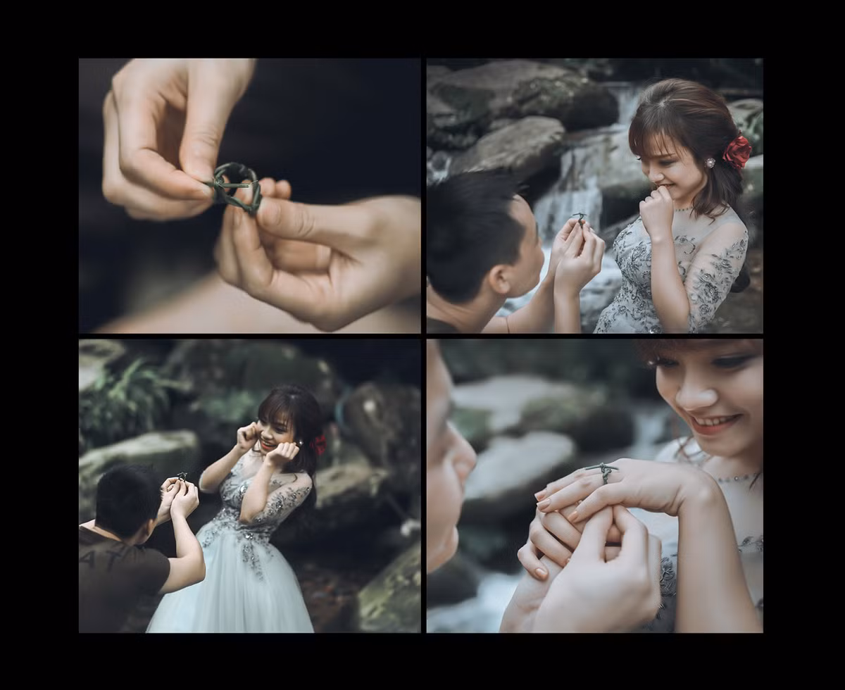 Điểm nhấn thú vị và đặc sắc của bộ ảnh là cảnh chàng người rừng đan nhẫn cỏ cầu hôn cô gái dưới thác nước.