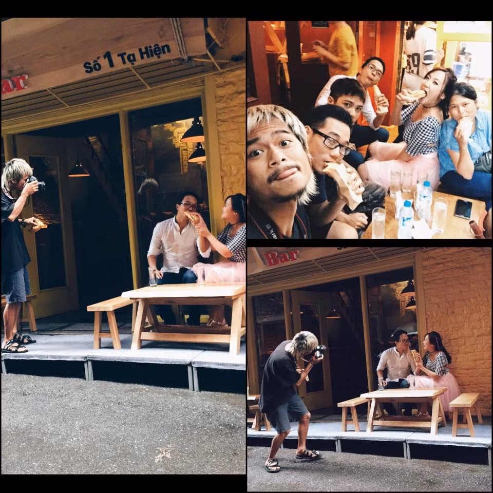 Trong bộ ảnh cưới của cặp đôi Hà thành chụp trong ngày mưa mới đây, Hải Lê Cao quyết định chọn một cửa hàng bánh mì làm bối cảnh cho cô dâu, chú rể thể hiện tình cảm. Sau khi hoàn thành những shot hình, cả ekip nghỉ giải lao tại chỗ và có ngay những tấm hình "tự sướng" bá đạo.