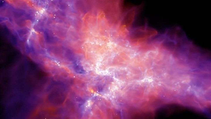 Hình ảnh từ mô phỏng STARFORGE cho thấy "Anvil of Creation", một đám mây khí khổng lồ với những ngôi sao đang hình thành bên trong.