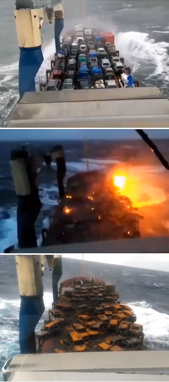 Ô tô được vận chuyển trên boong tàu biển đã bốc cháy sau khi nước mặn xâm nhập vào hệ thống ắc quy, năm 2019.