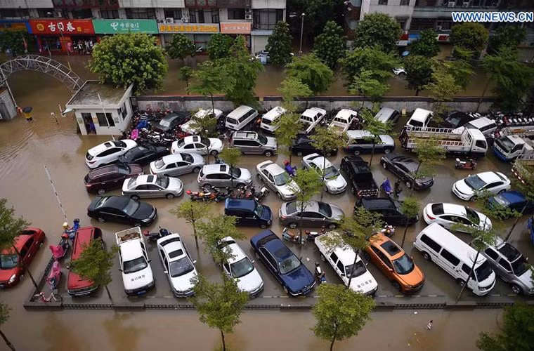 Hàng loạt xe đậu trên nền đất cao ráo để tránh nước ngập úng khi cơn bão Dianmu đổ bộ Trung Quốc.