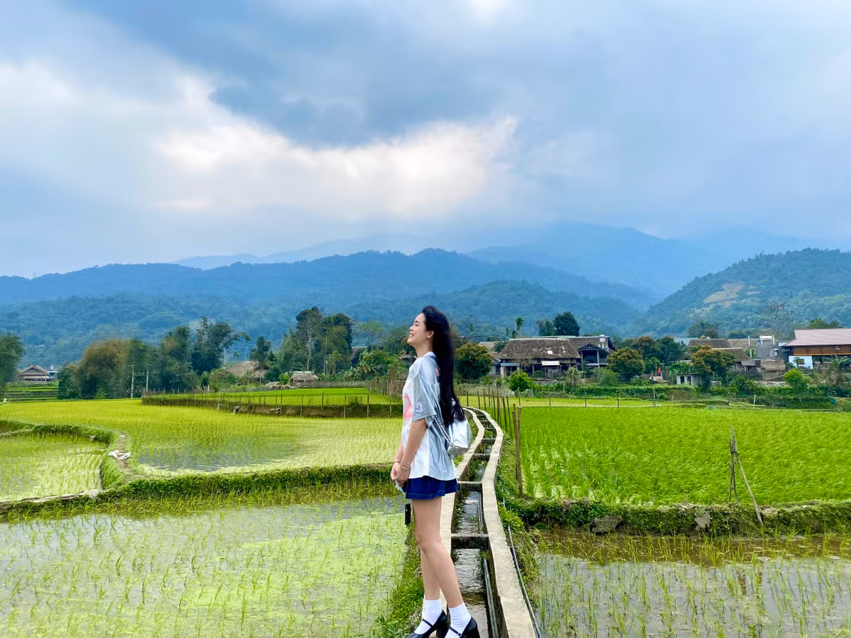 Du khách checkin cùng ruộng đồng người Tày thôn Hạ Thành. Ảnh: Thủy Tiên