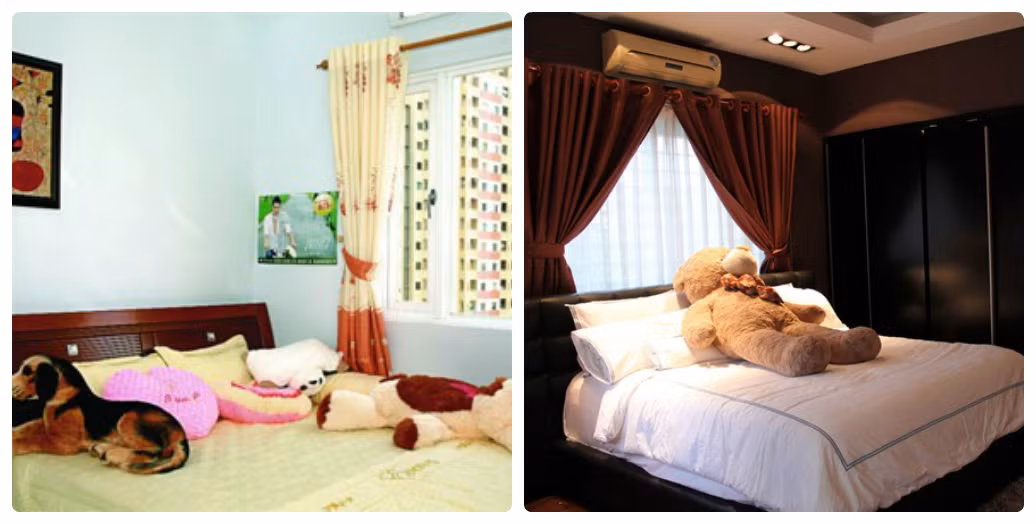 Phòng ngủ cũ và mới của nam ca sĩ có sự thay đổi khá nhiều về tông màu, sang trọng hơn rất nhiều. Tuy nhiên, Cao Thái Sơn luôn dành không gian ở phòng ngủ để đặt các món đồ fan hâm mộ tặng mình.