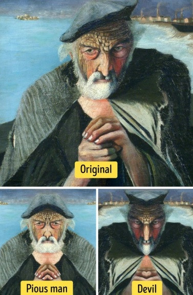 Trong đó, một gương mặt khắc họa ông lão giống một người ngoan đạo đang cầu nguyện. Gương mặt còn lại đáng sợ giống như ác quỷ đang chèo thuyền trong biển giông bão.