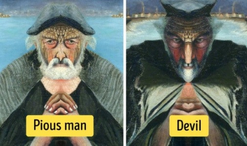 Khi lấy một tấm gương đặt vào giữa bức tranh, các chuyên gia phát hiện một bí mật bất ngờ. Đó là việc nhìn thấy 2 khuôn mặt với biểu cảm trái ngược.