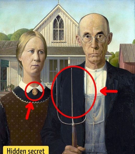 Tuy nhiên, khi phóng to bức tranh "American Gothic", các chuyên gia phát hiện bí mật thú vị ẩn giấu trong tác phẩm hội họa này. Trong đó, họ phát hiện một vài chi tiết trong tranh liên quan đến thần thoại Hy Lạp.