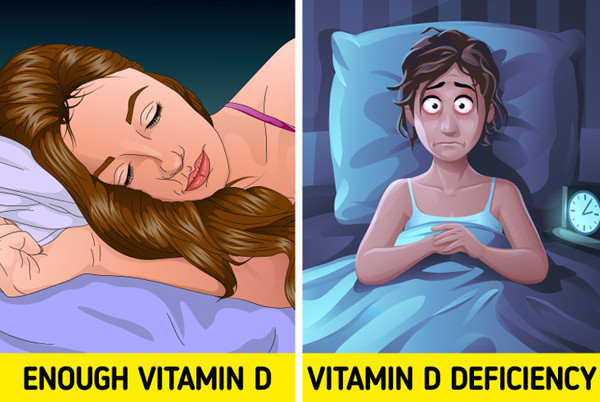 Khó ngủ. Thiếu vitamin D, chất lượng giấc ngủ ảnh hưởng nghiêm trọng. Nghiên cứu chỉ ra, thiếu vitamin D khiến cơ thể dễ bị mất ngủ, giấc ngủ gián đoạn, khó ngủ lại và lượng giờ ngủ ít hơn. Một số trường hợp, thiếu vitamin D còn dẫn đến chứng ngưng thở khi ngủ, hơi thở không được điều hòa.