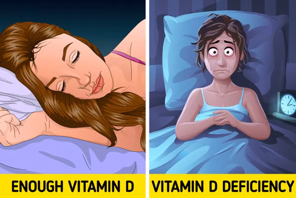 Khó ngủ. Thiếu vitamin D, chất lượng giấc ngủ ảnh hưởng nghiêm trọng. Nghiên cứu chỉ ra, thiếu vitamin D khiến cơ thể dễ bị mất ngủ, giấc ngủ gián đoạn, khó ngủ lại và lượng giờ ngủ ít hơn. Một số trường hợp, thiếu vitamin D còn dẫn đến chứng ngưng thở khi ngủ, hơi thở không được điều hòa.