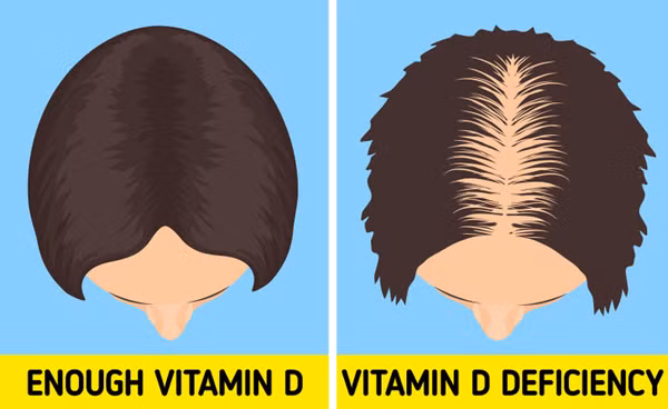 Rụng tóc, tóc mỏng. Vitamin D cần thiết để tế bào da xử lý keratin - một loại protein cần thiết cho sự phát triển của tóc và móng tay. Thiếu hụt vitamin D khiến lượng keratin sản xuất ra không đủ, ảnh hưởng đến tình trạng tóc, gây nên hiện tượng rụng tóc, mỏng tóc.