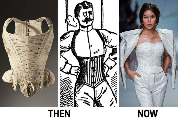 Corset. Corset là loại áo mặc dùng để định hình cơ thể, tạo dáng người “đồng hồ cát” hấp dẫn. Tác dụng của áo không chỉ để đẹp mà còn cải thiện tư thế (thẳng cột sống) và đẩy ngực cao hơn. Điều thú vị là, corset lần đầu được tìm thấy ở nền văn minh Minoan, thuộc đảo Crete.